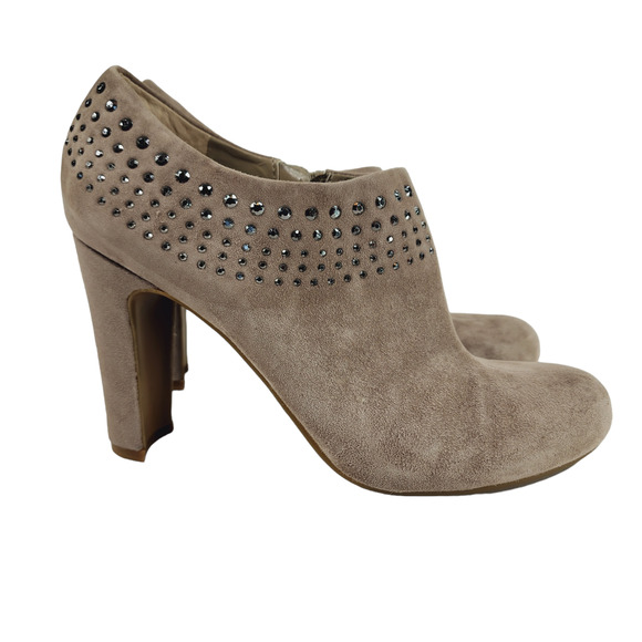 Enzo Angiolini Heeled Ankle Boots Booties sz 7 M Kaiser Suede Beige Embellished - Picture 2 of 11